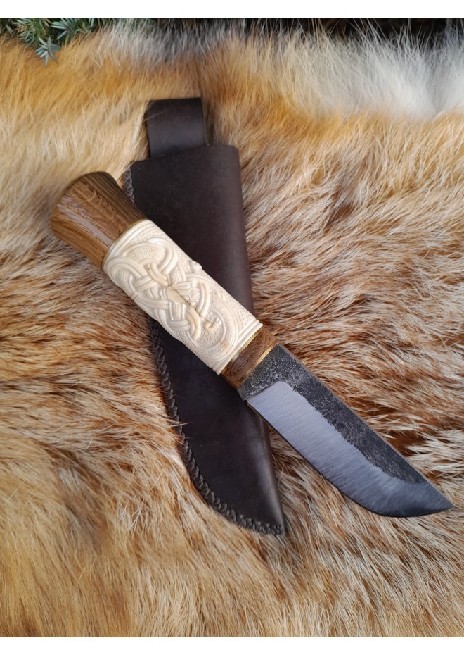 Norse Dragon knife. Moose antlers carved handle. Hand-forged blade