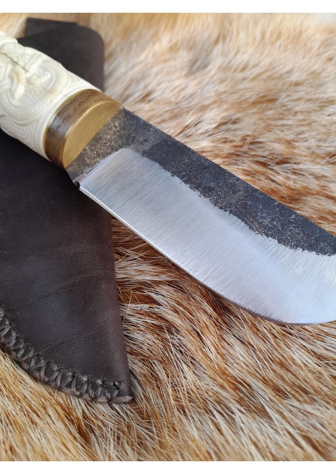 Norse Dragon knife. Moose antlers carved handle. Hand-forged blade