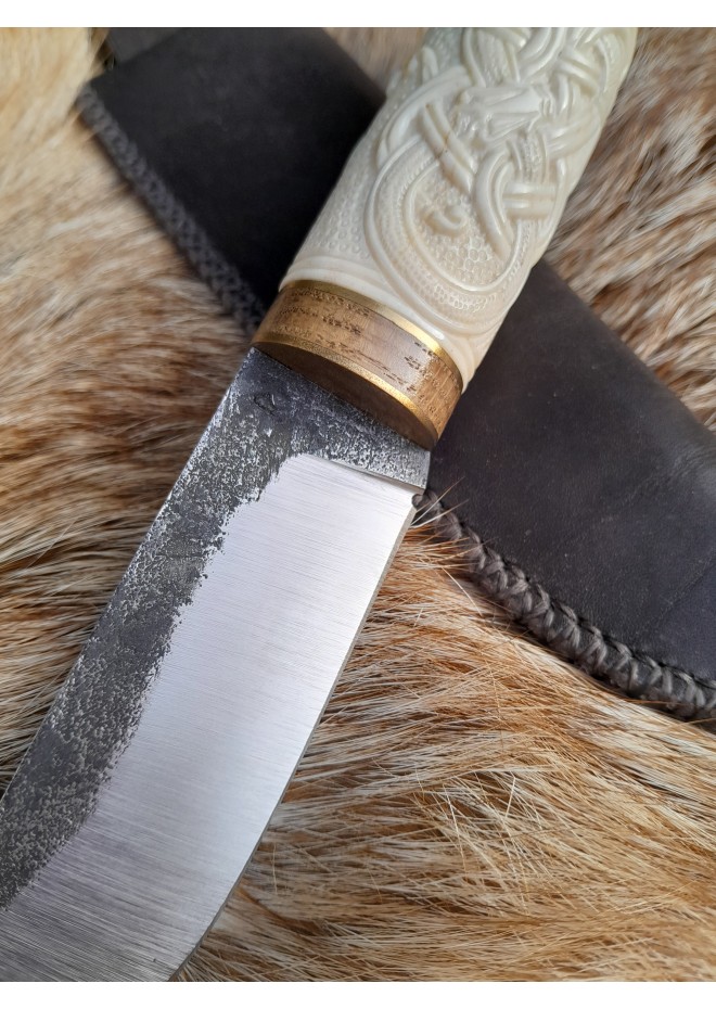 Norse Dragon knife. Moose antlers carved handle. Hand-forged blade