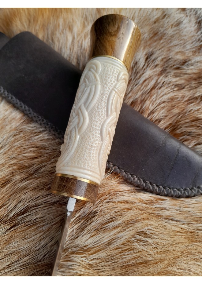 Norse Dragon knife. Moose antlers carved handle. Hand-forged blade