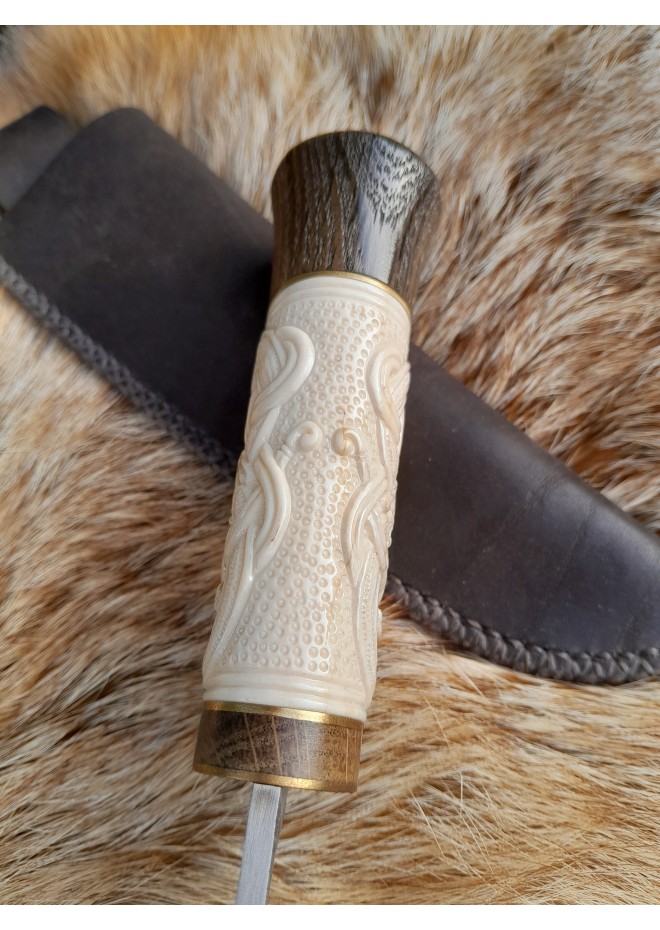 Norse Dragon knife. Moose antlers carved handle. Hand-forged blade