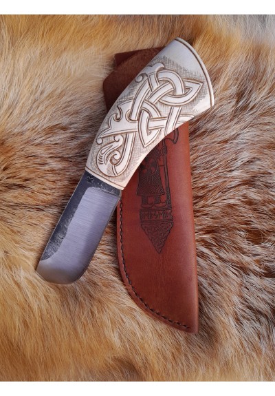 Unique Viking style knife with leather sheath and hand-carved handle, Oseberg design, Norse Dragon knotwork. Drakkar. Celtic knot. Camping