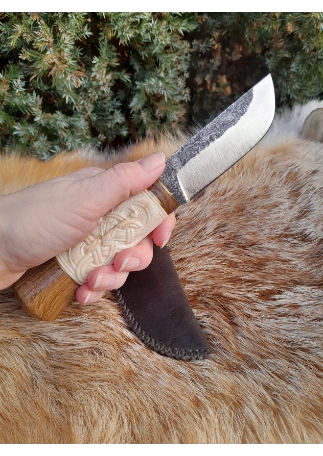 Norse Dragon knife. Moose antlers carved handle. Hand-forged blade