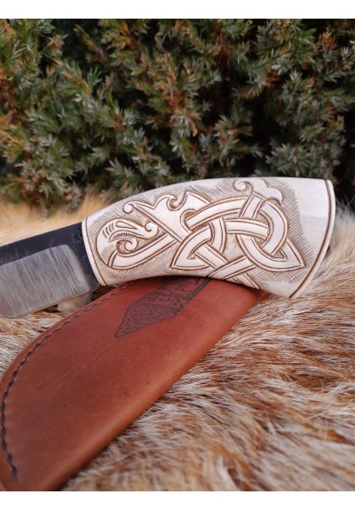 Unique Viking style knife with leather sheath and hand-carved handle, Oseberg design, Norse Dragon knotwork. Drakkar. Celtic knot. Camping