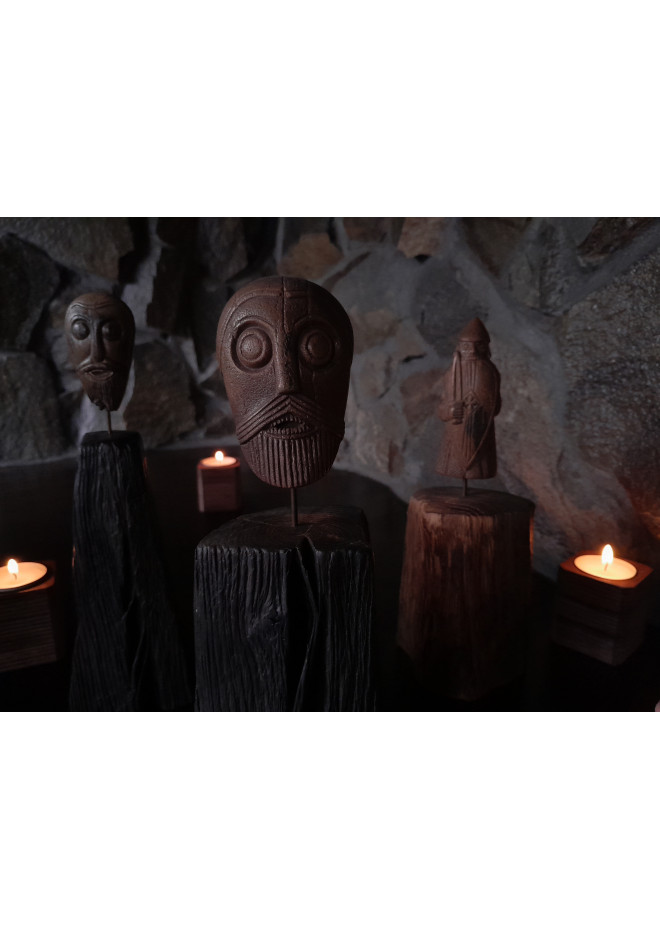 Replica hand-carved Viking head. The Oseberg Cart Burial