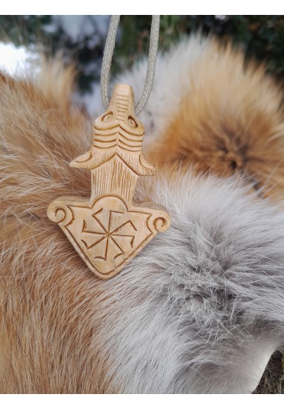 Hand-carved Thor's Hammer necklace. Mjolnir amulet with Wolf head, Viking, Norse jewelry.