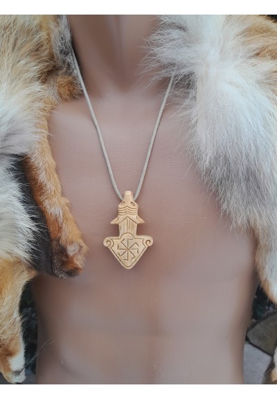 Hand-carved Thor's Hammer necklace. Mjolnir amulet with Wolf head, Viking, Norse jewelry.