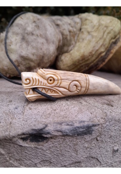 Viking Wolf amulet with Algiz rune. Berserker pendant. Moose antlers hand-carved 