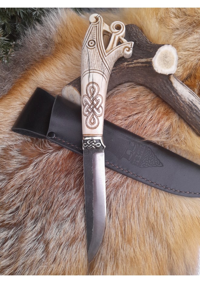 Vikings style knife with Dragon head & leather sheath. Hand-forged steel. Hand-carved handle with Celtic knot