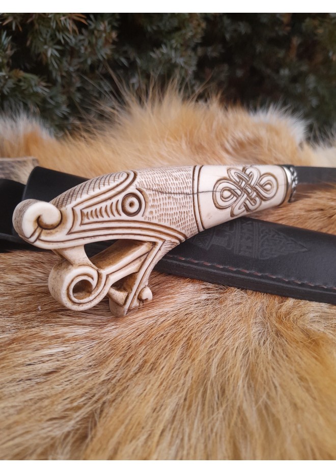 Vikings style knife with Dragon head & leather sheath. Hand-forged steel. Hand-carved handle with Celtic knot