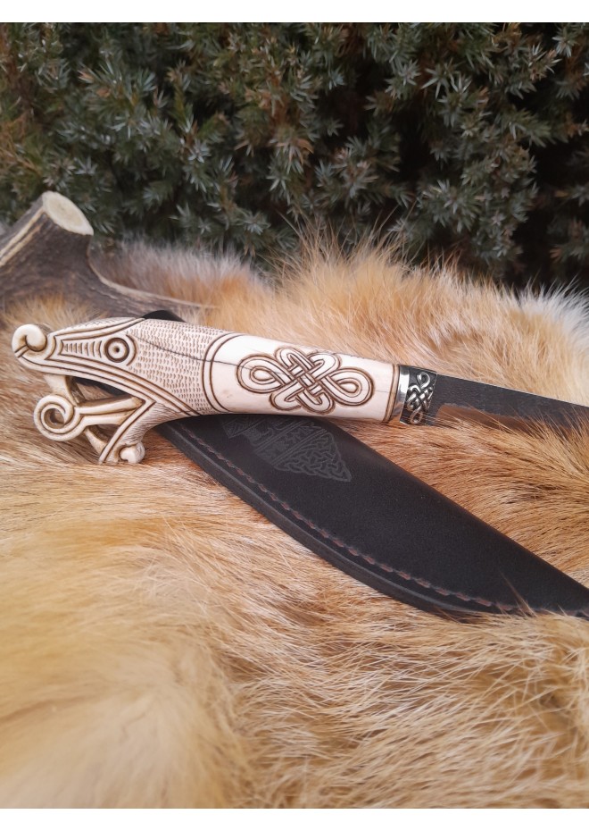 Vikings style knife with Dragon head & leather sheath. Hand-forged steel. Hand-carved handle with Celtic knot