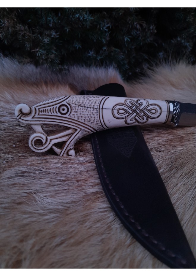 Vikings style knife with Dragon head & leather sheath. Hand-forged steel. Hand-carved handle with Celtic knot