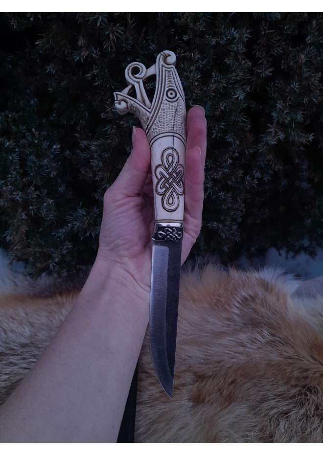 Vikings style knife with Dragon head & leather sheath. Hand-forged steel. Hand-carved handle with Celtic knot