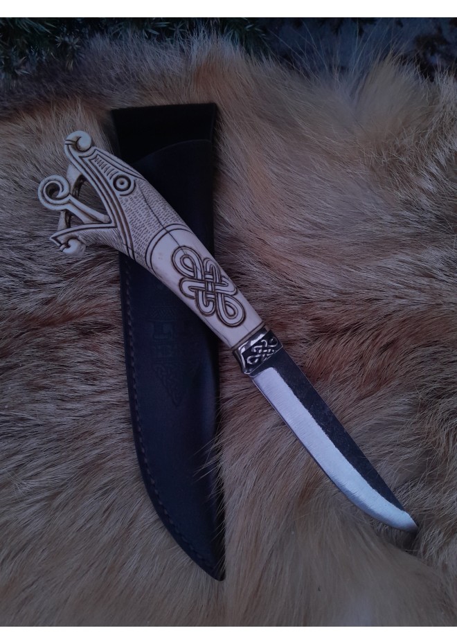 Vikings style knife with Dragon head & leather sheath. Hand-forged steel. Hand-carved handle with Celtic knot