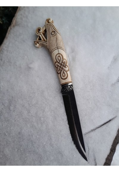 Vikings style knife with Dragon head & leather sheath. Norse seax. Hand-forged steel. Hand-carved handle with Celtic knot