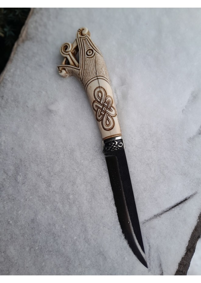 Vikings style knife with Dragon head & leather sheath. Hand-forged steel. Hand-carved handle with Celtic knot