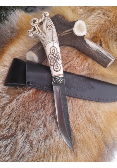 Vikings style knife with Dragon head & leather sheath. Norse seax. Hand-forged steel. Hand-carved handle with Celtic knot