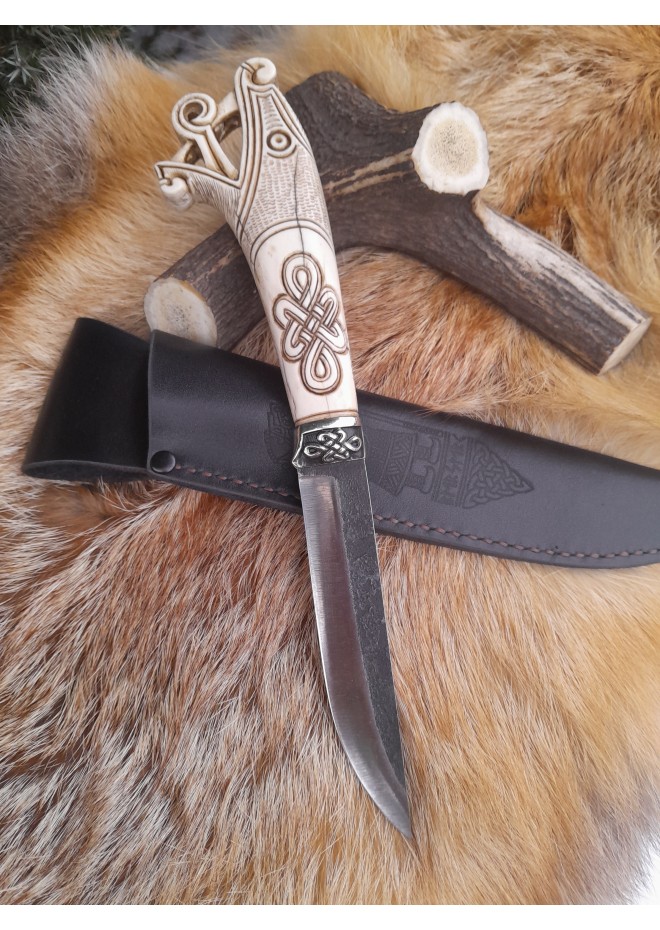 Vikings style knife with Dragon head & leather sheath. Hand-forged steel. Hand-carved handle with Celtic knot