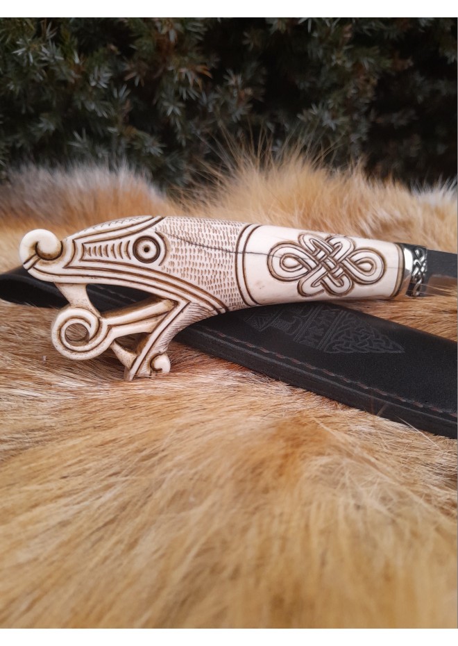 Vikings style knife with Dragon head & leather sheath. Hand-forged steel. Hand-carved handle with Celtic knot