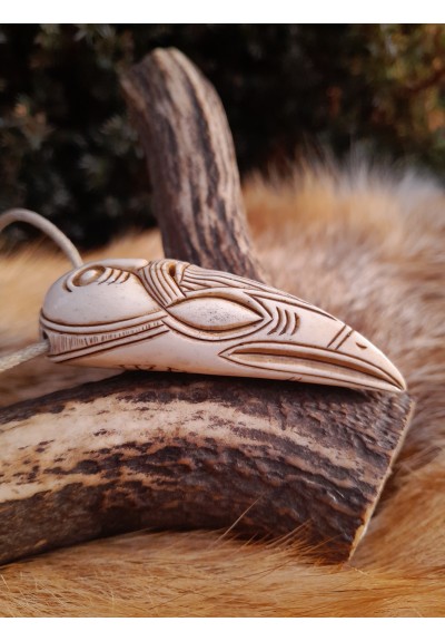 Unique antlers hand-carved Viking Raven amulet with Helm of Awe and God Odin face. Norse, pagan pendant.