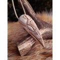 Hand-carved Viking Raven head amulet with Helm of Awe symbol and God Odin face.  