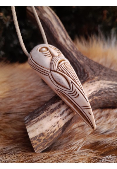 Unique antlers hand-carved Viking Raven amulet with Helm of Awe and God Odin face. Norse, pagan pendant.