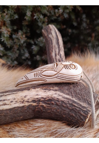 Unique antlers hand-carved Viking Raven amulet with Helm of Awe and God Odin face. Norse, pagan pendant.