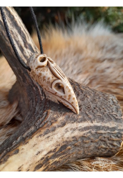 Unique Raven skull witch amulet with carved human skull. Gothic necklace. Shamanic pendant. Antler hand-carved