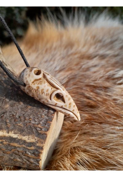 Unique Raven skull witch amulet with carved human skull. Gothic necklace. Shamanic pendant. Antler hand-carved