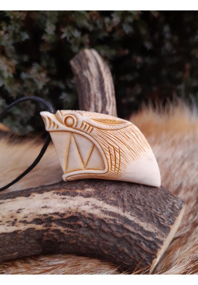 Wolf amulet. Vikings Wolf Fenrir pendant. Norse mythology art work. Pagan, Celtic, Nordic jewelry -  Moose antlers hand-carved 