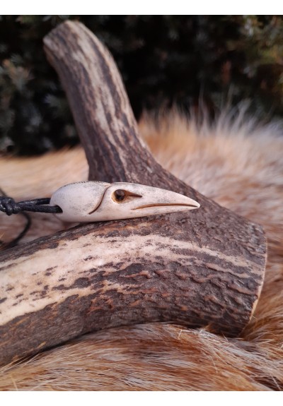 Small Nordic raven skull necklace. Viking amulet. Norse, pagan pendant. Antlers hand-carved.