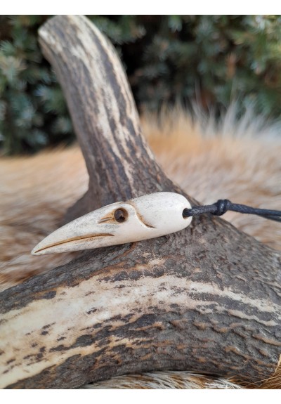 Small Nordic raven skull necklace. Viking amulet. Norse, pagan pendant. Antlers hand-carved.