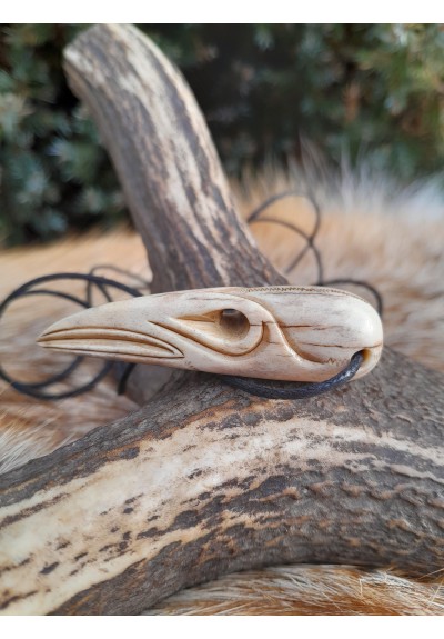 Viking raven skull necklace. Norse, pagan pendant. Antlers hand-carved amulet.