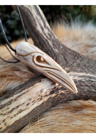 Viking raven skull necklace. Norse, pagan pendant. Antlers hand-carved amulet.