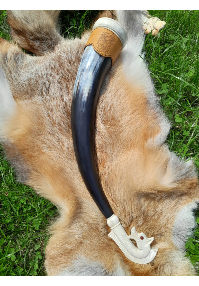 Hand-carved large Viking drinking horn with leather holder and Odin’s horse design. Sleipnir. 