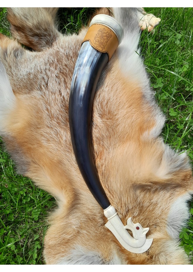 Hand-carved large Viking drinking horn. Odin’s horse design. Sleipnir