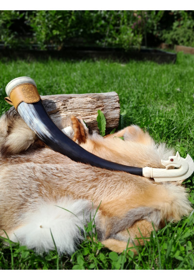 Hand-carved large Viking drinking horn with leather holder and Odin’s horse design. Sleipnir. 