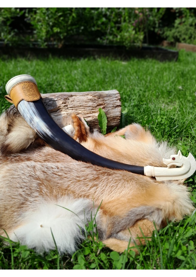 Hand-carved large Viking drinking horn. Odin’s horse design. Sleipnir