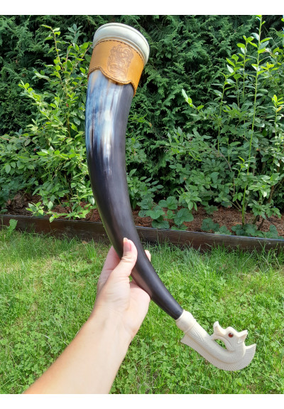 Hand-carved large Viking drinking horn with leather holder and Odin’s horse design. Sleipnir. 