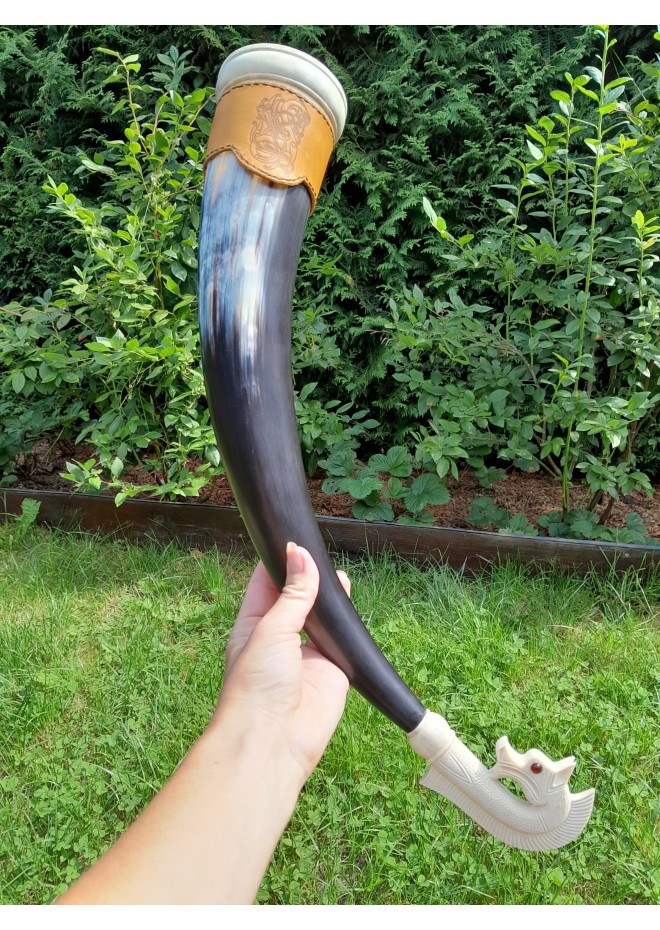 Hand-carved large Viking drinking horn. Odin’s horse design. Sleipnir