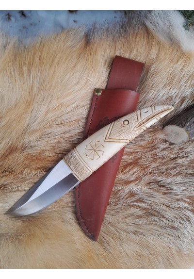 Viking raven knife with carved antler handle.  Norse motifs. Leather sheath.