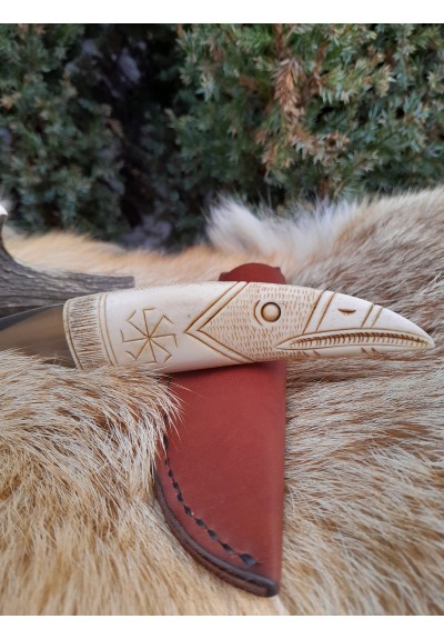 Viking raven knife with carved antler handle.  Norse motifs. Leather sheath.