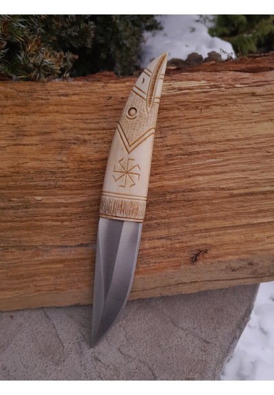 Viking raven knife with carved antler handle.  Norse motifs. Leather sheath.