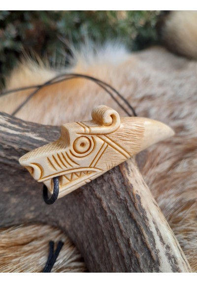 Viking Dragon necklace with Algiz rune. Norse Mythology art. Jörmungandr amulet. Pagan protection jewelry - moose antlers hand-carved