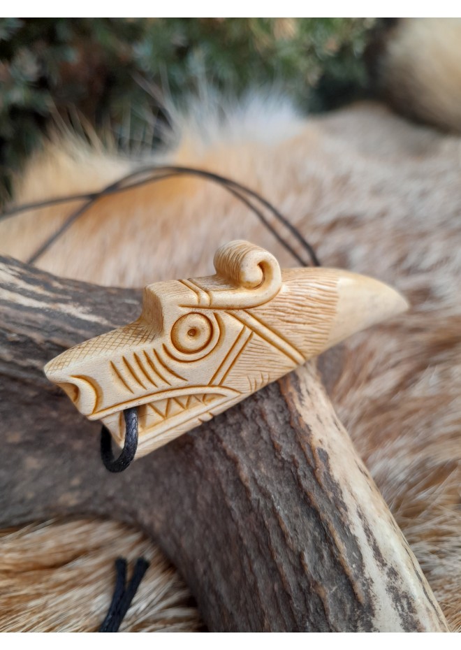 Viking Dragon amulet with Algiz rune. Moose antlers hand-carved