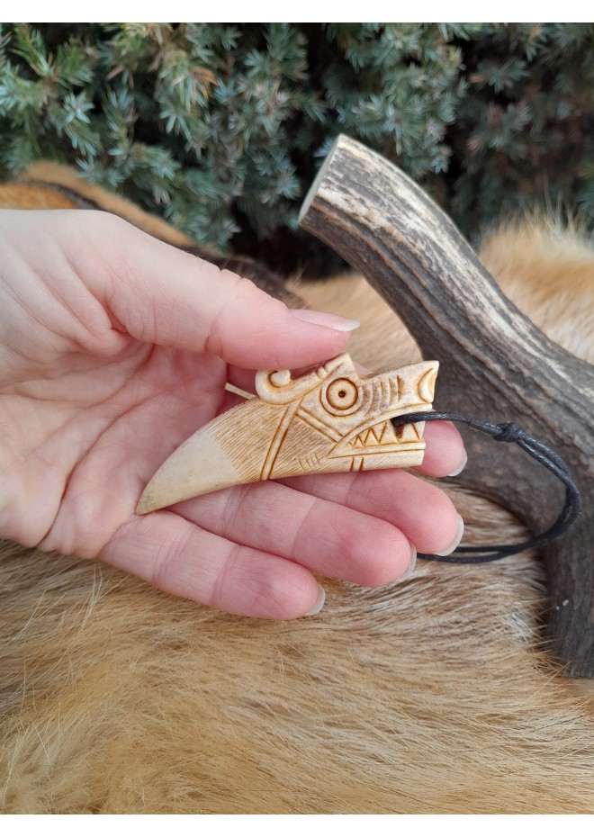 Viking Dragon amulet with Algiz rune. Moose antlers hand-carved