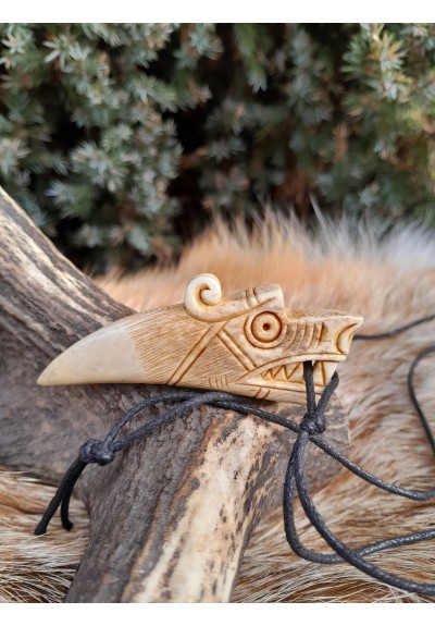 Viking Dragon necklace with Algiz rune. Norse Mythology art. Jörmungandr amulet. Pagan protection jewelry - moose antlers hand-carved