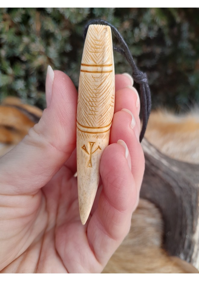 Viking Dragon amulet with Algiz rune. Moose antlers hand-carved