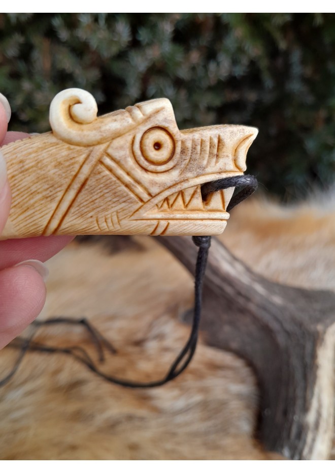 Viking Dragon amulet with Algiz rune. Moose antlers hand-carved