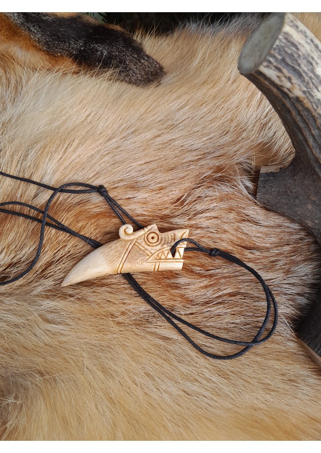 Viking Dragon amulet with Algiz rune. Moose antlers hand-carved